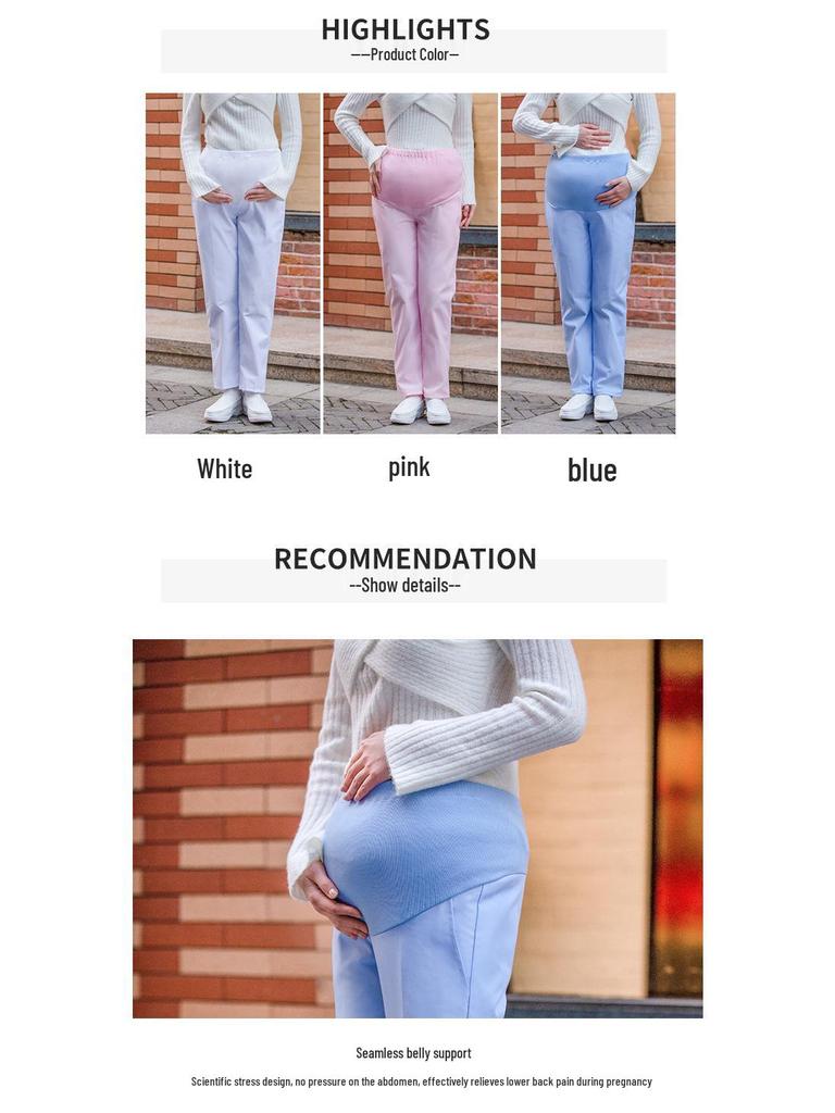 Nurse Maternity Work Pants - Adjustable Belly Support, Elastic Waist, Women's Plus Size, Available In White, Pink, Blue