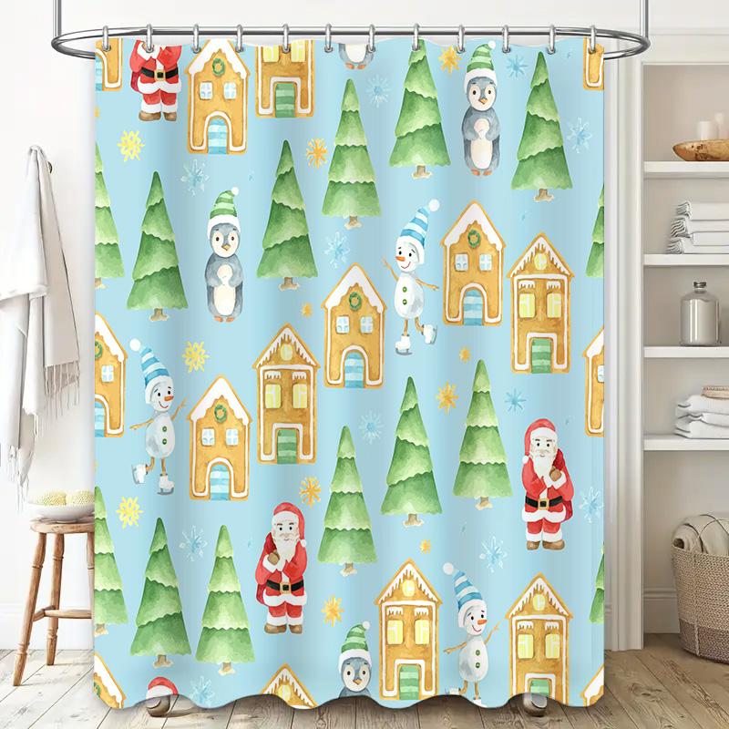 Christmas Shower Curtain with Festive Print Waterproof Fabric, Santa Claus Snowman Design for Bathroom Decorations in Multicolor