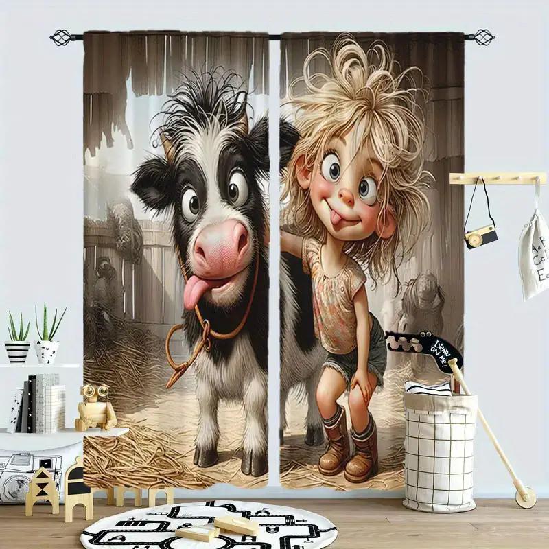 

Set Of 2 Cute Calf Print Curtains Pole Bag Bedroom Living Room Home Decoration Curtain For Great Made Polyester W100*H70(CM)-Rod Pocket&1PCS