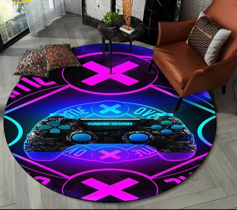 Cartoon Game Controller Round Carpet Non Slip Circle Child Play Mat Washable Rugs for Gamer Bedroom Decor Entrance Doormats