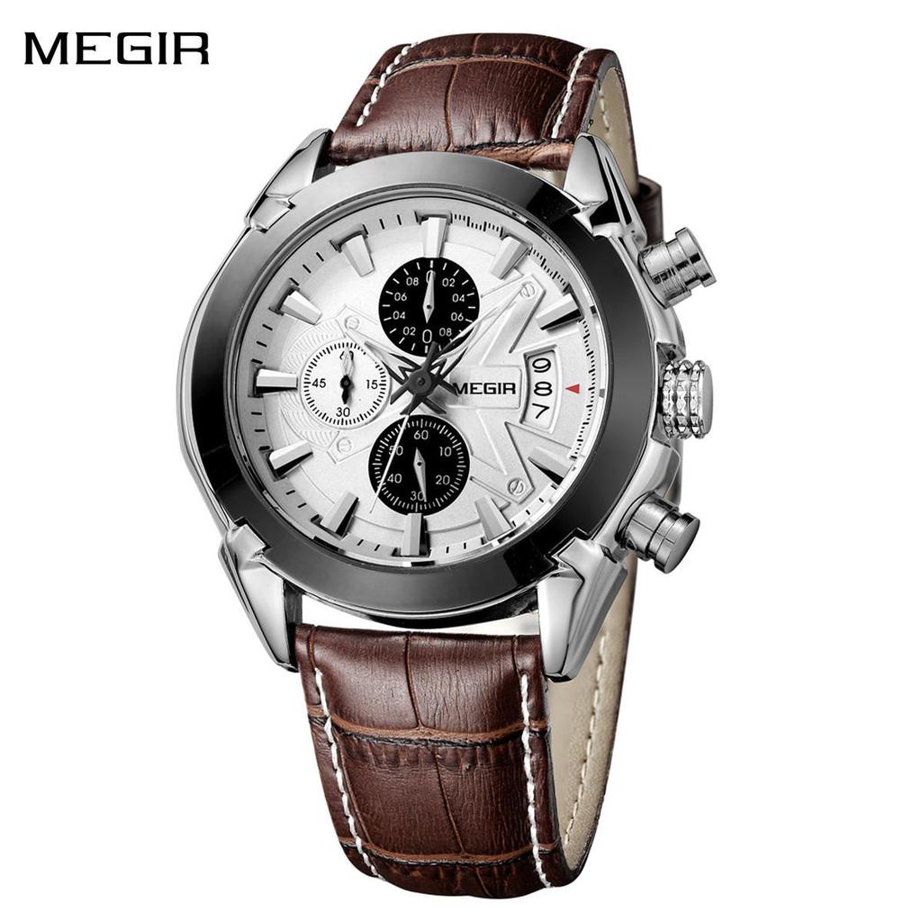 MEGIR Brand Fashion Sport Watch for Men 47MM Big Dial Clock Waterproof Casual Quartz Wristwatch Leather Strap Chronograph 2020