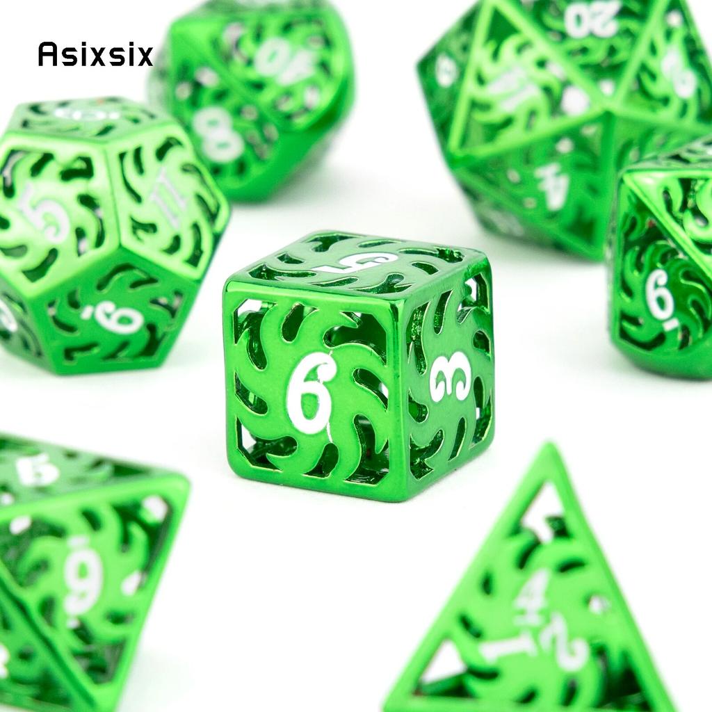 7 Pcs Green White Rotary Windmill Metal Dice Hollow Metal Polyhedral Dice Suitable for Role-Playing RPG Board Game Card Game
