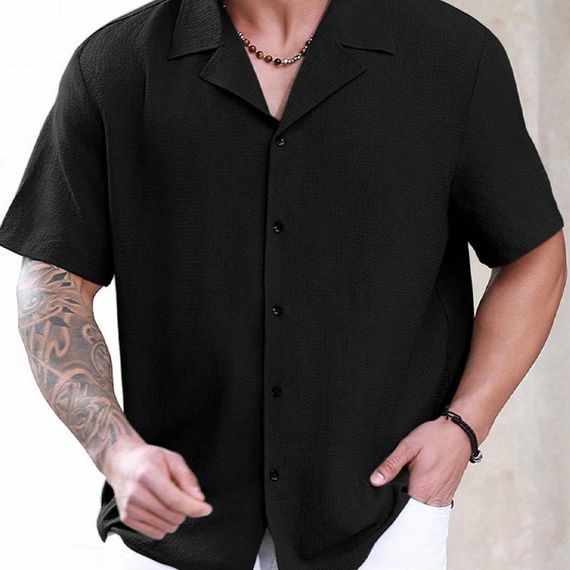 

Мужская модная зеленая текстурированная рубашка с коротким рукавом - Летняя повседневная с эффектом помятости L чёрный