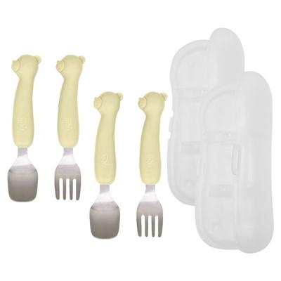 TGM Baby Bär Silikon Petit Edelstahl Löffel + Gabel Set Petit Edition, 2 Sets, olive (Löffel Gabel), zufällige Lieferung (Fall)