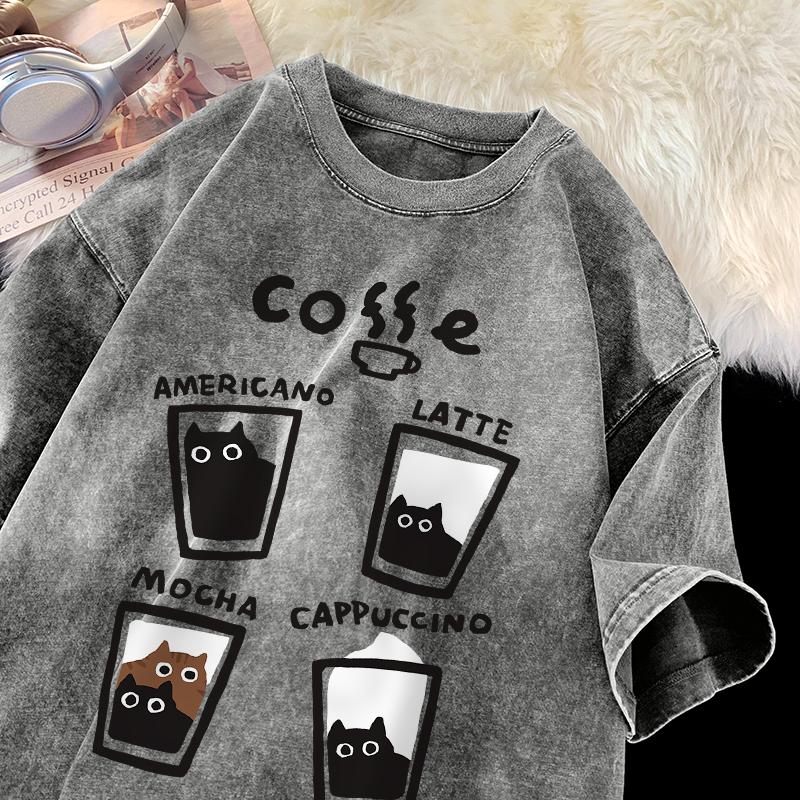 

American Retro Trendy Cat Cotton T-shirt Men Women Summer Loose Couple Short Sleeve Tops Harajuku Y2k Vintage Water Washing Tee 4XL