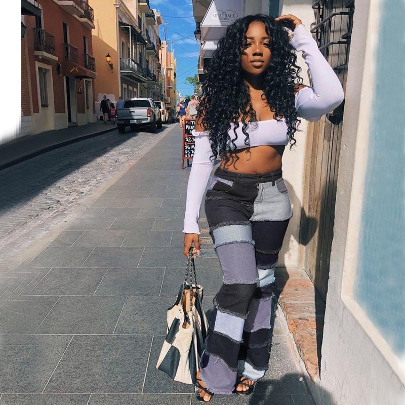 Color Block Patchwork Flare Jeans For Women High Waist Frayed Spliced Bootcut Denim Pants Fashion Street Trousers