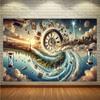 2D Surrealist Clock Hourglass Tapestry Swirl Sky Landscape Wall Hanging for Bedroom Decor