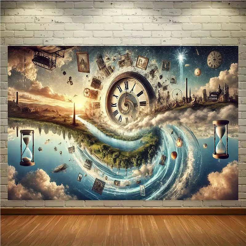 

2D Surrealist Clock Hourglass Tapestry Swirl Sky Landscape Wall Hanging for Bedroom Decor 47.2x31.5inch/120*80cm
