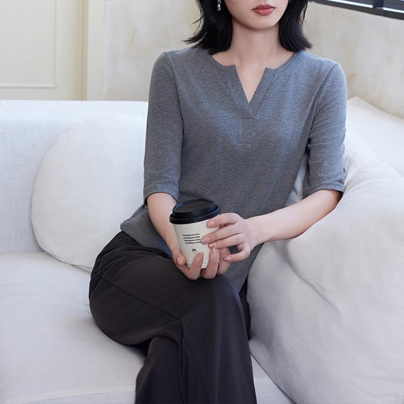 Tencel wool blended five-quarter-sleeved top autumn new simple soft waxy stacked knitted fabric bottoming shirt