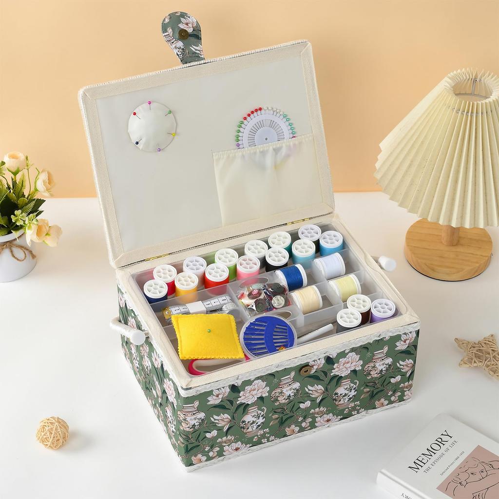D&D Sewing Box, Sewing Kit, Large Capacity, Double Layer Storage, Sewing Accessory Storage Box 24*17.5*13cm (Large - Green)