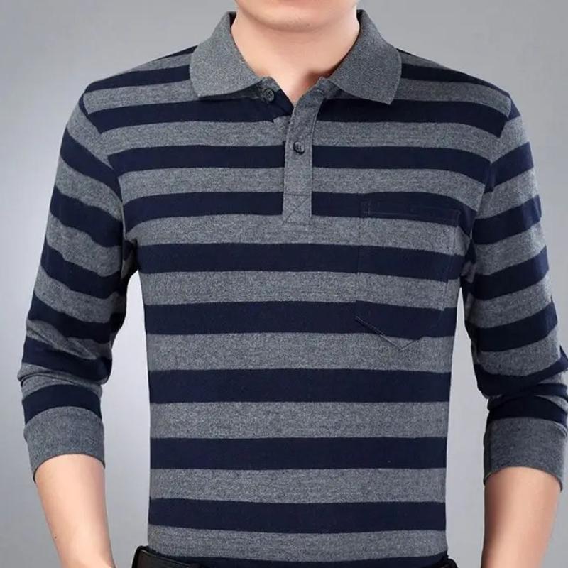 Camisas polo listradas masculinas da moda, novas camisas polo coreanas para negócios, primavera/outono, casuais, manga comprida, bolsos na lapela, roupas masculinas, tops de algodão, 2025
