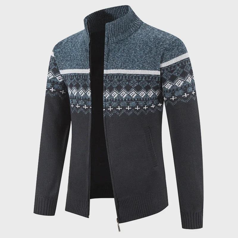 Męski jesienno-zimowy rozpinany sweter kardigan - Gruby splot, kurtka ze stójką, stylowy design