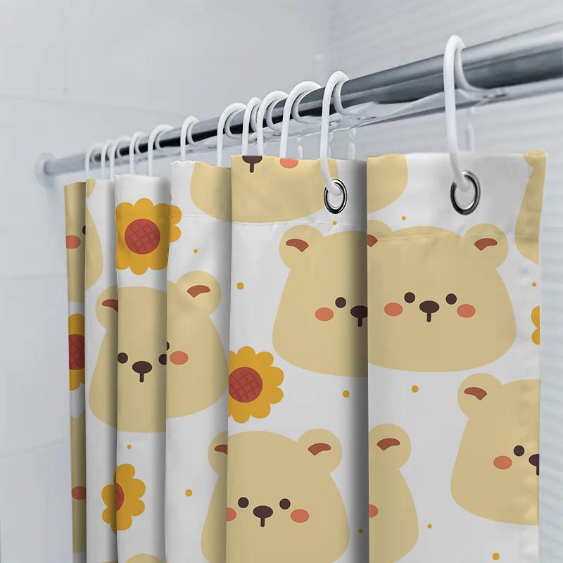 Adorable Yellow Bear Sunflower Shower Curtain For Bathroom Decor Creative Home Decoration Waterproof Fabric Backdrop