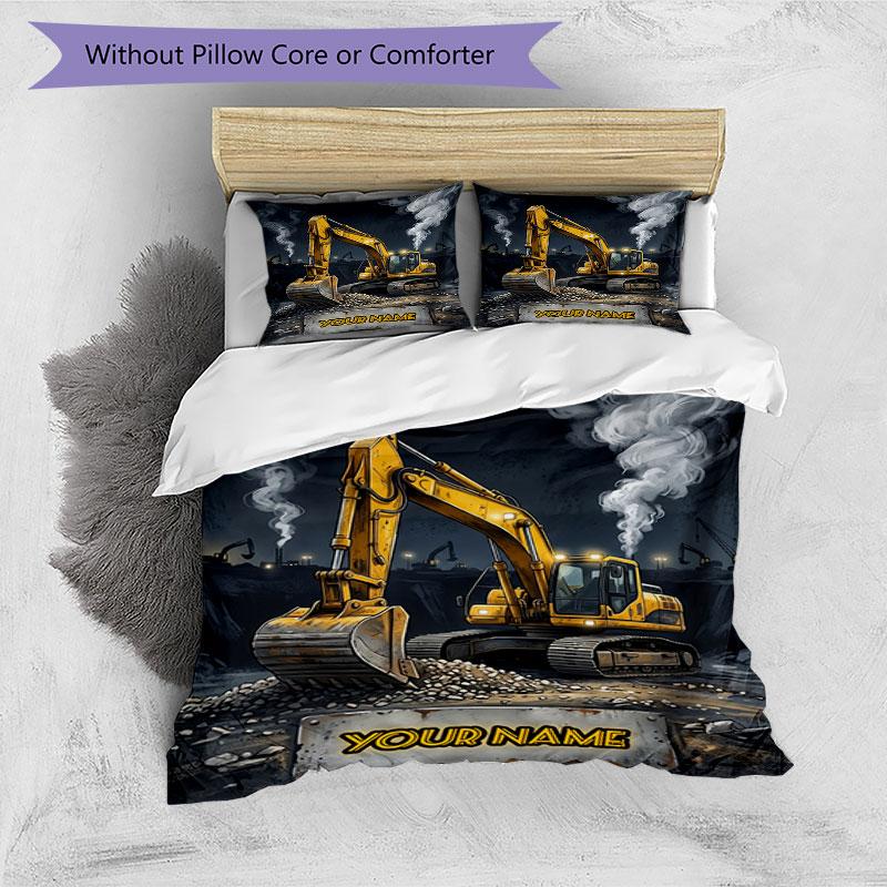 3PC Custom Name "Excavator Action" Bedding Set Duvet Cover Closure Includes 1 Duvet Cover & 2 Pillowcases for Bedroom