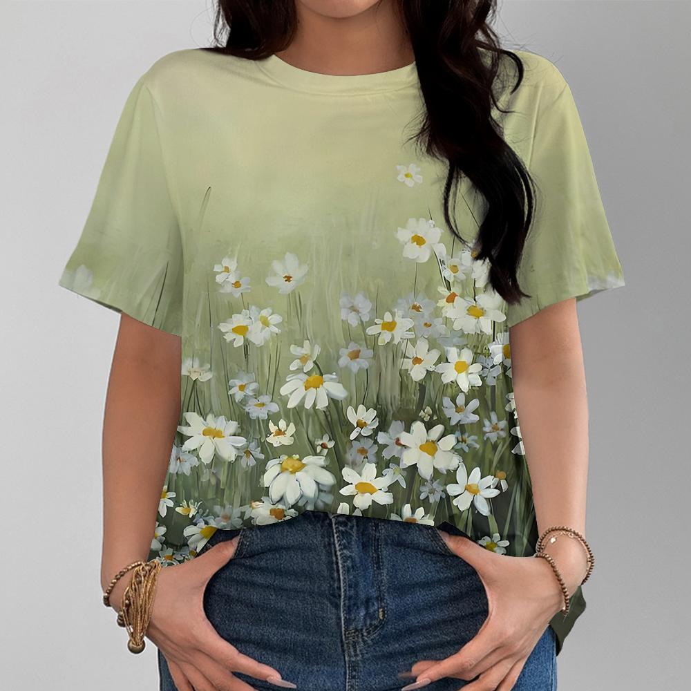 Frischer und Natürlicher Stil Damen T-Shirt Gänseblümchen Blume Meer Druck Täglich Vielseitiges Kurzarm Oberteil