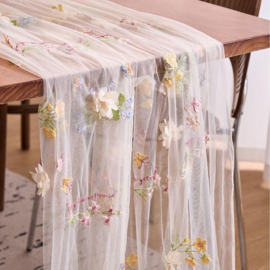 Elegant Birthday Table Decor Lace Embroidery Floral Tablecloth, 3D Flower Tulle Sheer Cover, Seasonal Tablecloth for Party Colorful Cloth Wedding