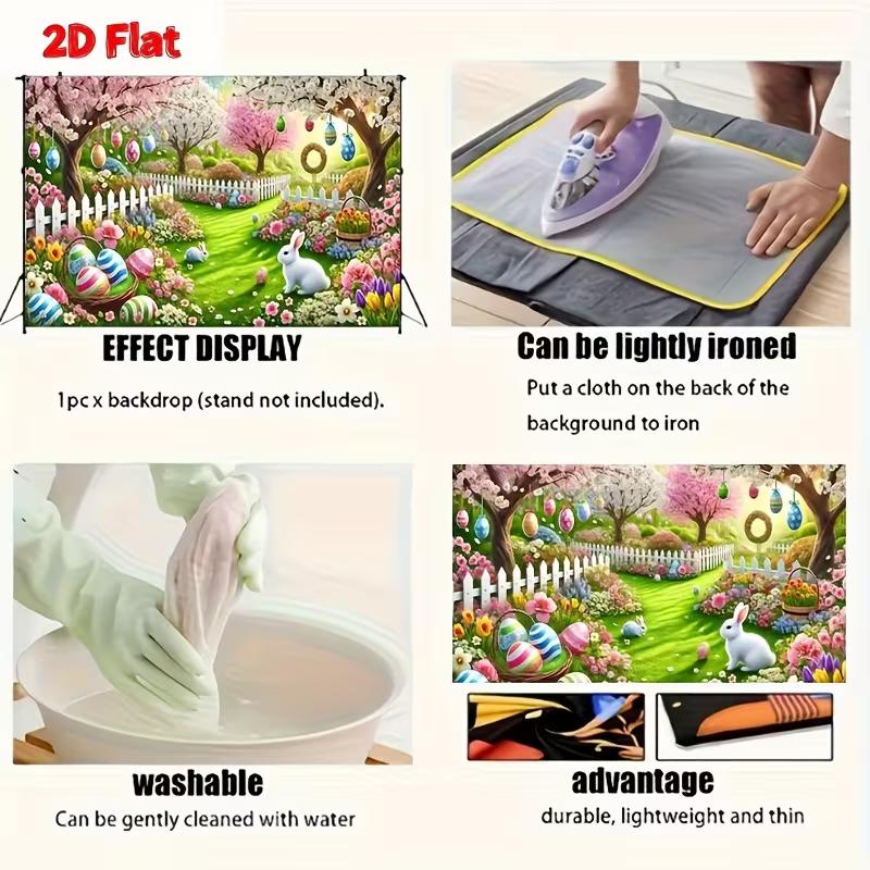 2D Easter Floral Garden Backdrop Cloth with Bunny and Colorful Eggs Wall Banner
