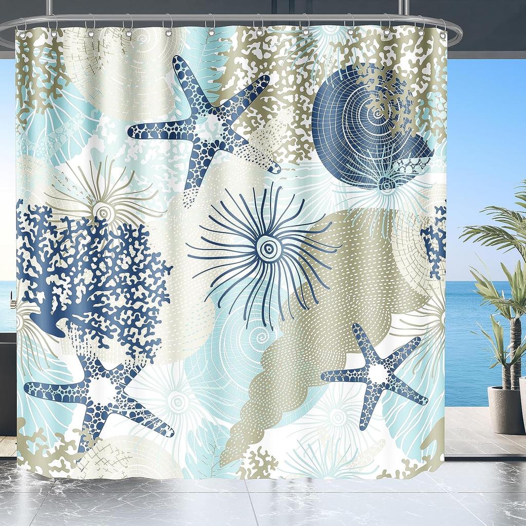 Nautical Coastal Shower Curtain Starfish Seashell Coral Ocean Beach Themed Bath Curtains Fabric Bathroom Decor with Hooks