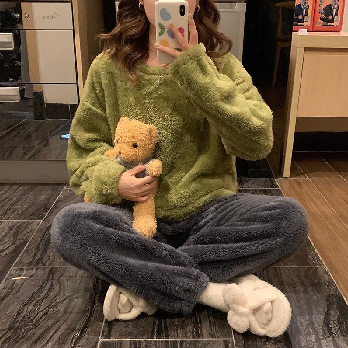 Autumn/Winter Coral Velvet Pajamas for Women Warm Casual Flannel with Velvet Thickened Can Be Worn Outside The Home Suit