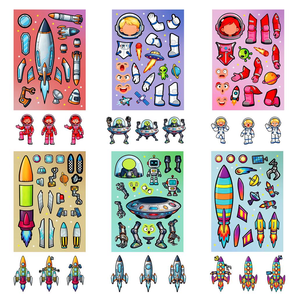 New 6 Sheets/Pack Colorful Space Adventure Puzzle Face Change Sticker Cartoon Rocket Astronaut Children Hands-On Brain Collage