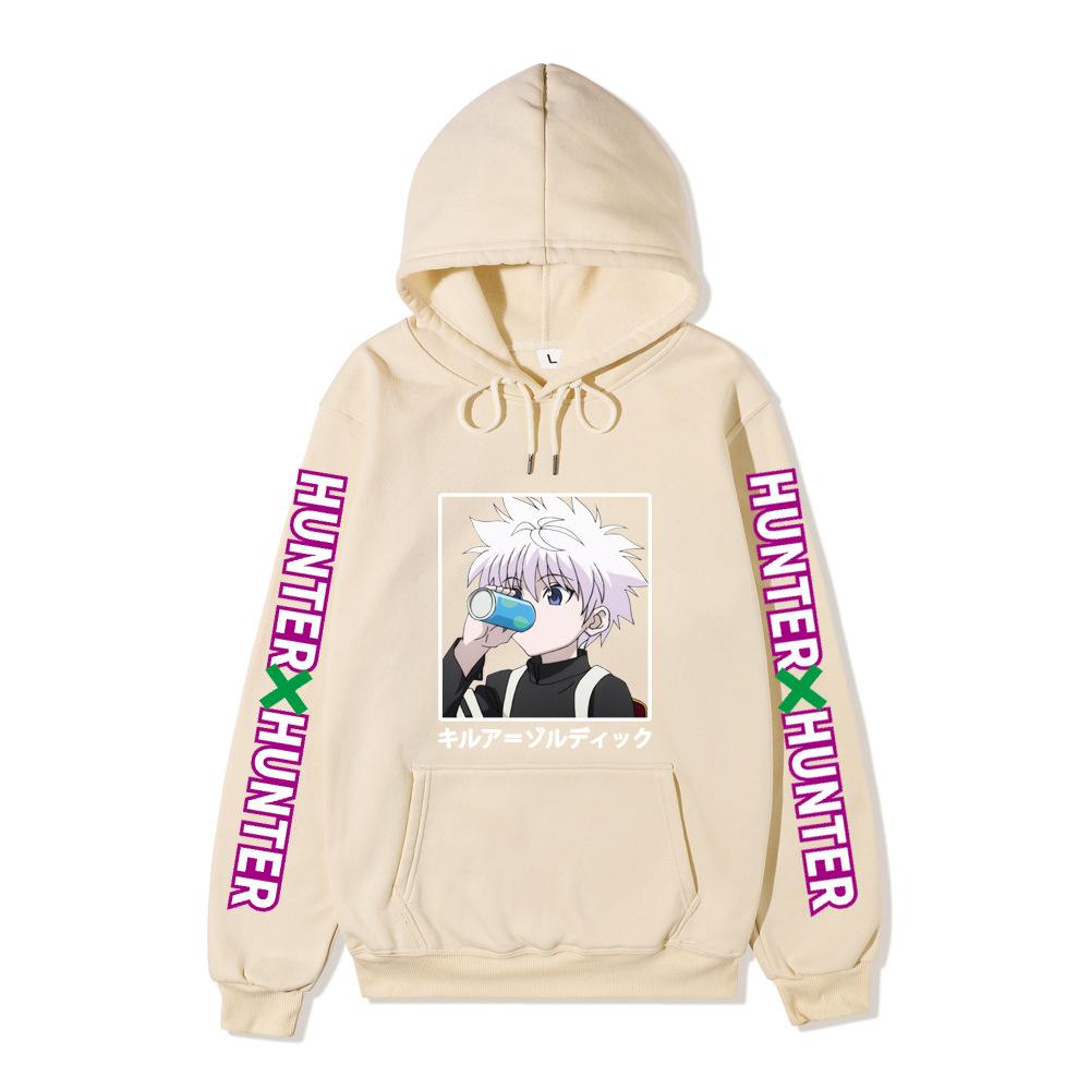 Hunter X Hunter Drinking Killua Hoodie Japanese Name Purple Letter Sleeve Anime Hooded Pullover Sweatshirt