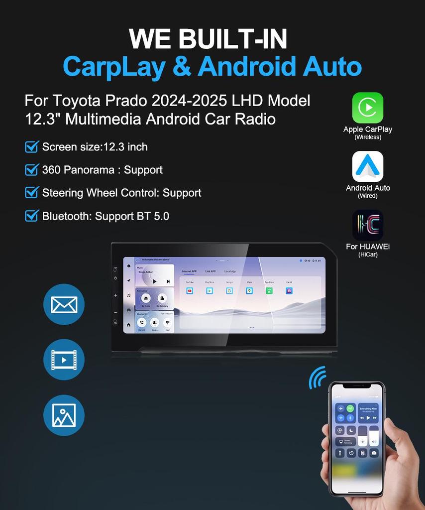 Toyota Prado 12.3-inch Android Infotainment System with Wireless CarPlay & Navigation.