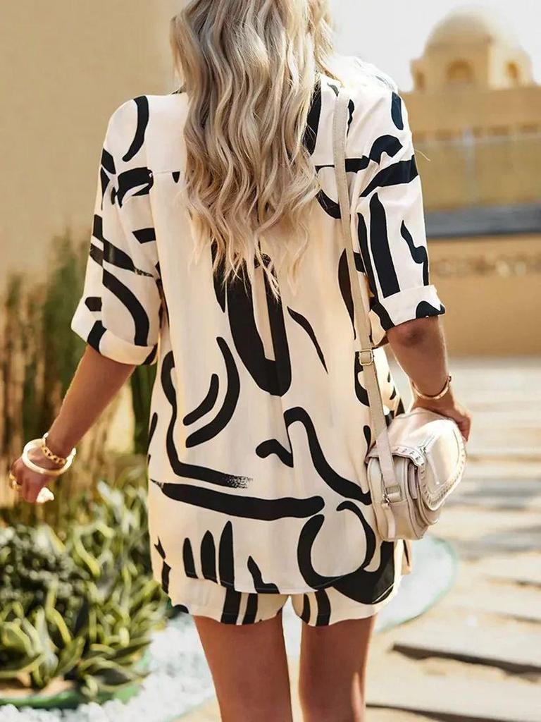 Black & White Geometric Two-Piece Set: Loose Short-Sleeve Shirt & Drawstring Shorts