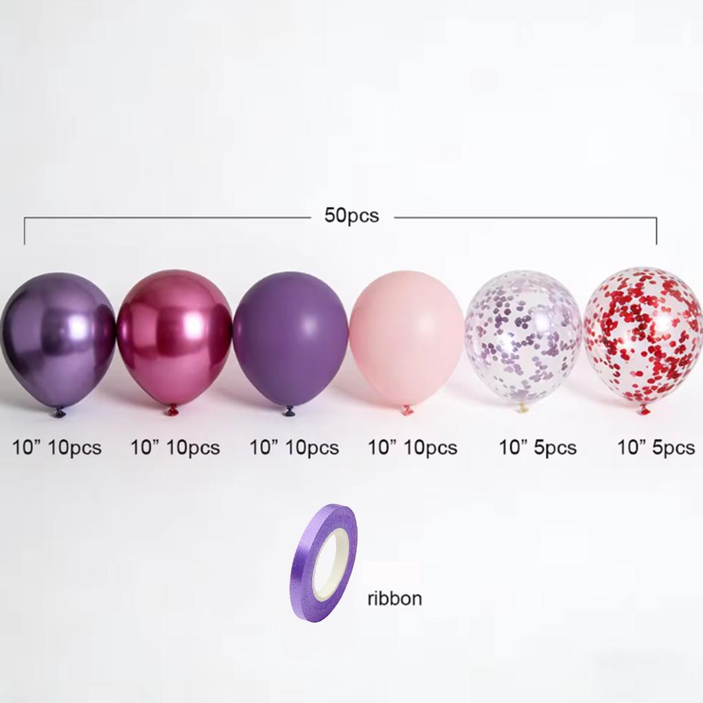 10inch 50pcs Purple and Pink Balloon Set with Confetti, Suitable for Weddings, Birthdays, Themed Parties, Family Gatherings