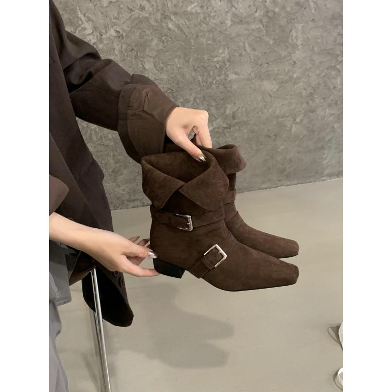 

French niche design medium boots retro western boots thick sole thick heel short boots foldable knight boots 39 темно-коричневого кольору