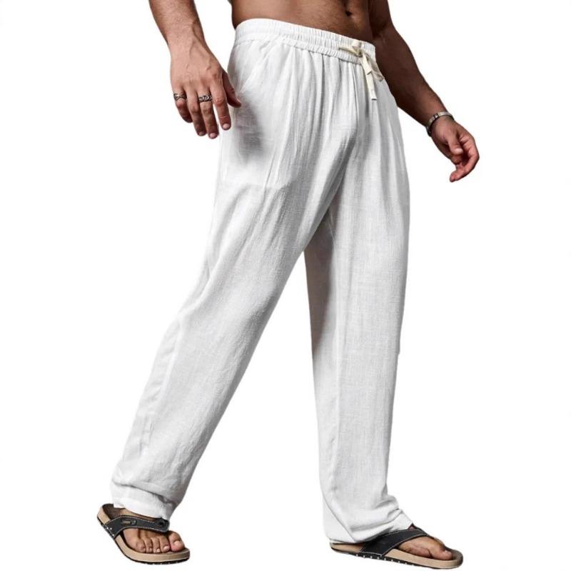 

Men Elastic Drawstring Waist Linen Pants Loose Wide Leg Breathable Summer Beach Casual Long Trousers S білий