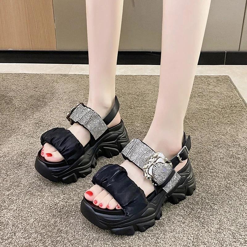 7.5cm Women's Bling Strap Chunky Sandals Summer Thick Bottom Wedges Beach Slippers Woman Fashion High Platform Sandals Mujer