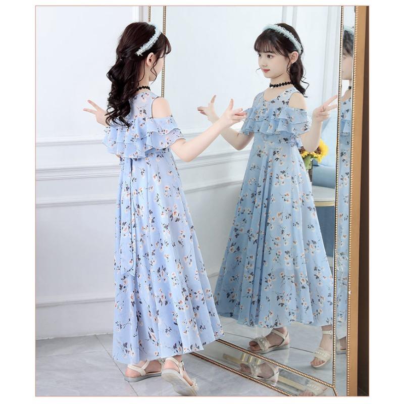 Kleines Mädchen Blumen Chiffon Prinzessin Langes Kleid Kinder Sommer Freizeitkleid