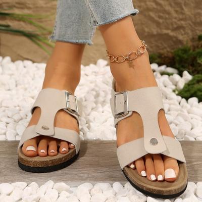 2024 Sommer Heißverkaufende Hochwertige Damen Schuhe Modische Offene Zehen Einfarbig Niedriger Absatz Schnalle Römische Damen Flache Pantoffeln