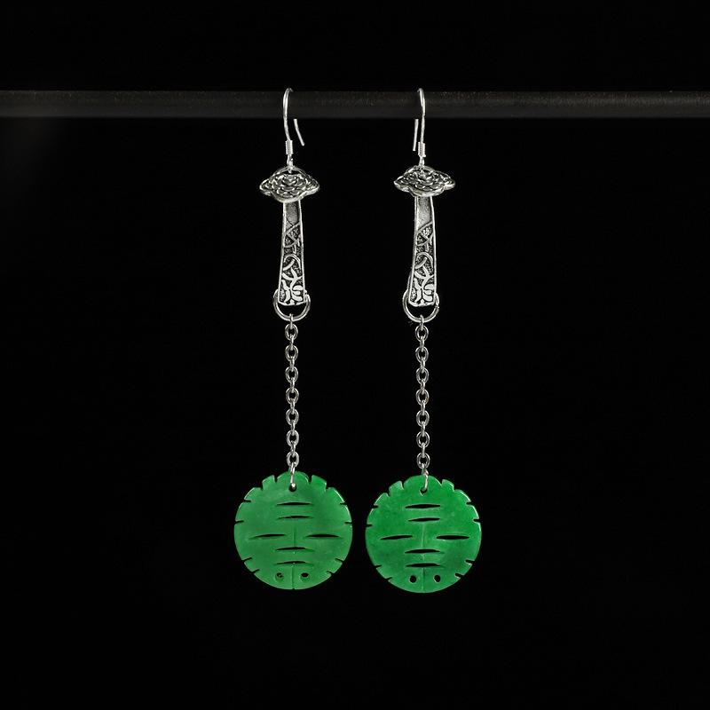 Original design earrings, ancient silver jade dry green double happiness characters, long fringed earrings, retro temperament earrings, women's