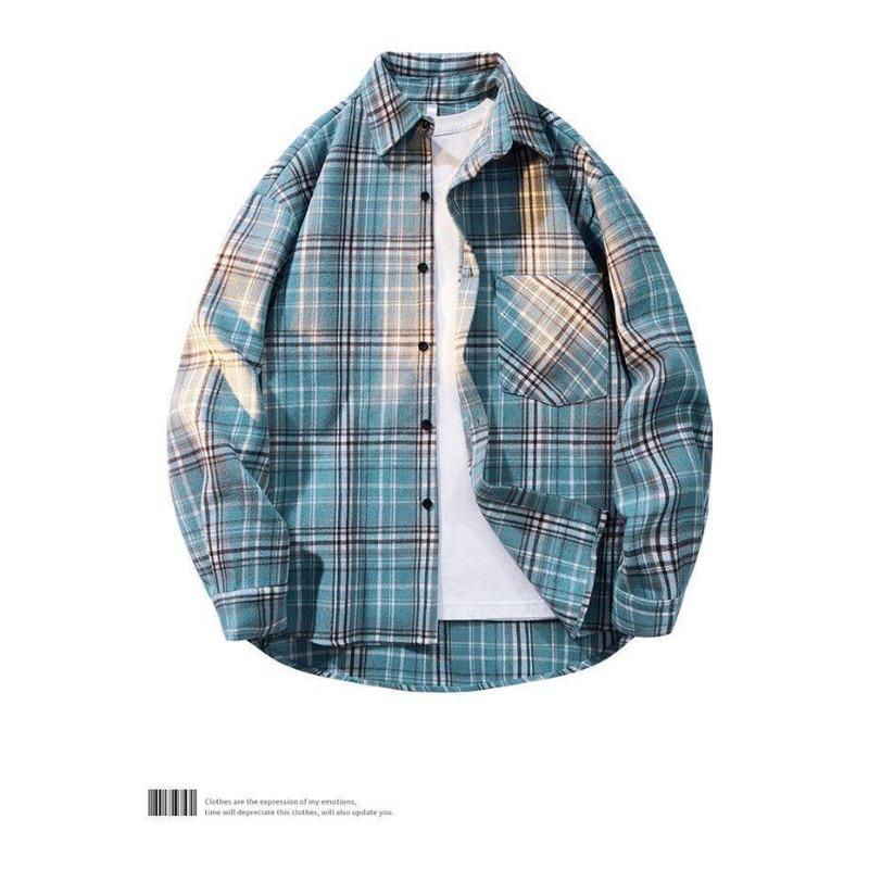 Men S Hong Kong Style Plaid Long Sleeve Casual Shirt Plus Size