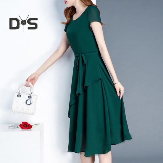 Lady Summer Dress A-line Patchwork Midi Dress O Neck Short Sleeves Lace-up Waist Solid Color Dress for Dating Parties Commuting