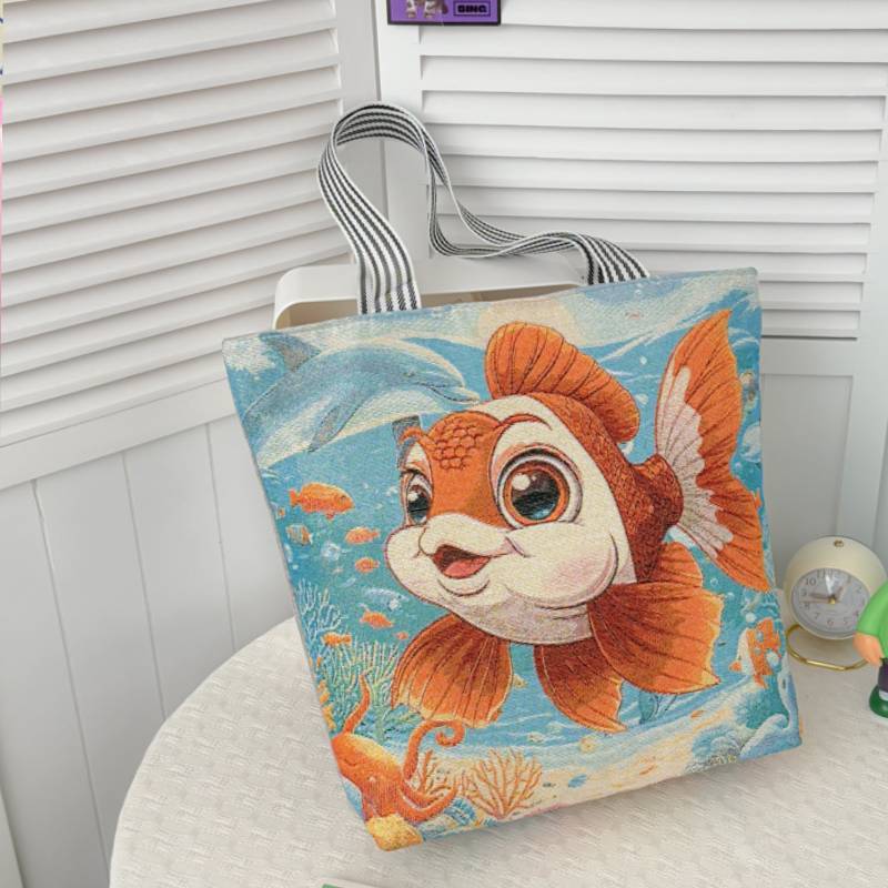 Cartoon Canvas Tote Bag Large Capacity Embroidered Floral For Casual Travel
