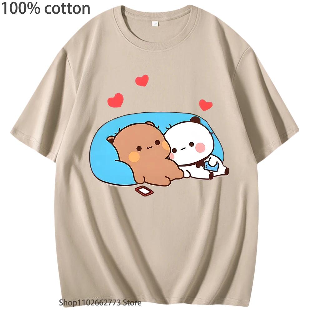DuDu Bear and BuBu Panda’s Night Days Shirt Summer Clothes Women Kawaii Panda Bear Tshirts 100% Cotton Top Korean Styele Men