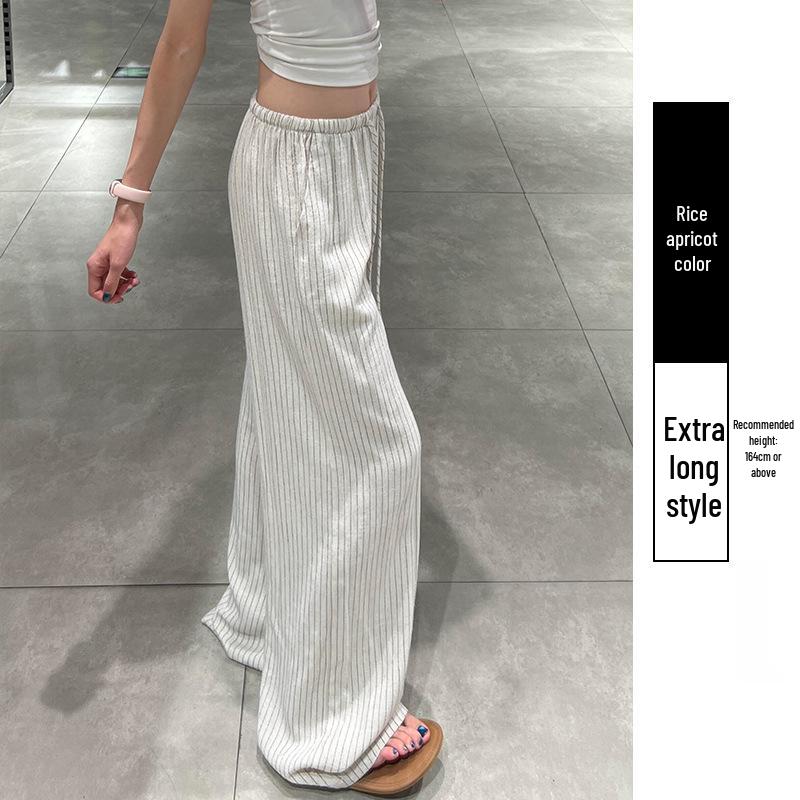 Apricot Striped Wide-Leg Women s Linen Pants - Petite, Loose Fit, Casual Style for Spring to Autumn. L