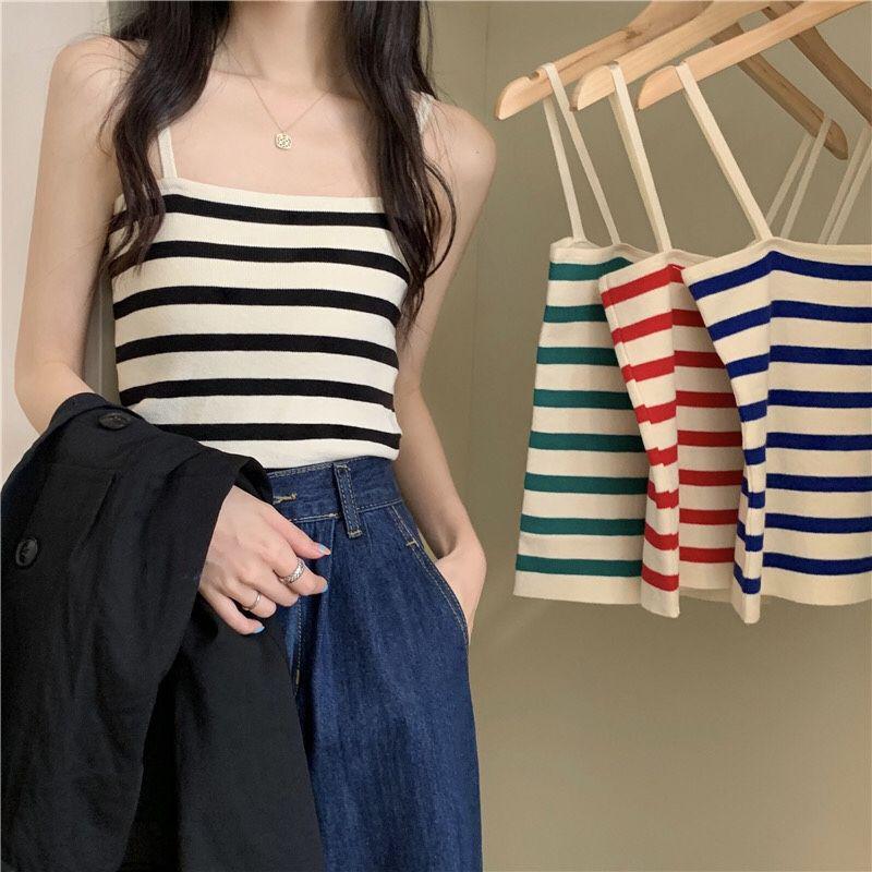 2025 French Striped Knit Camisole for Women - Summer Sweet & Spicy Base Layer One Size чёрный