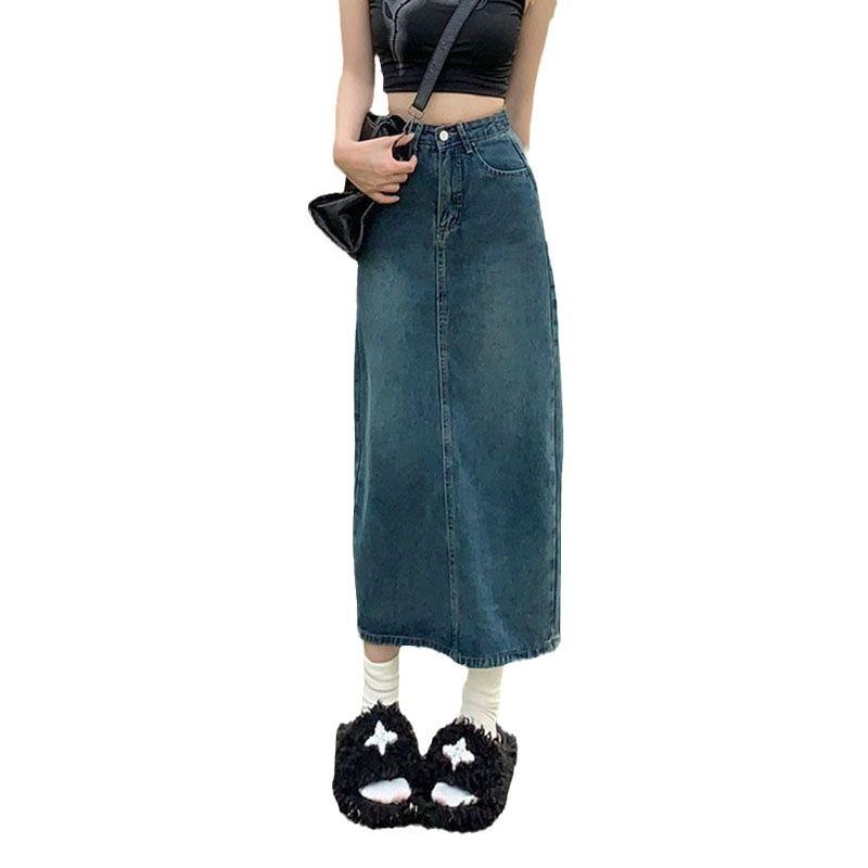 Denim Skirt High Waist Split A Line With Vintage Wash For Summer Casual Wear
