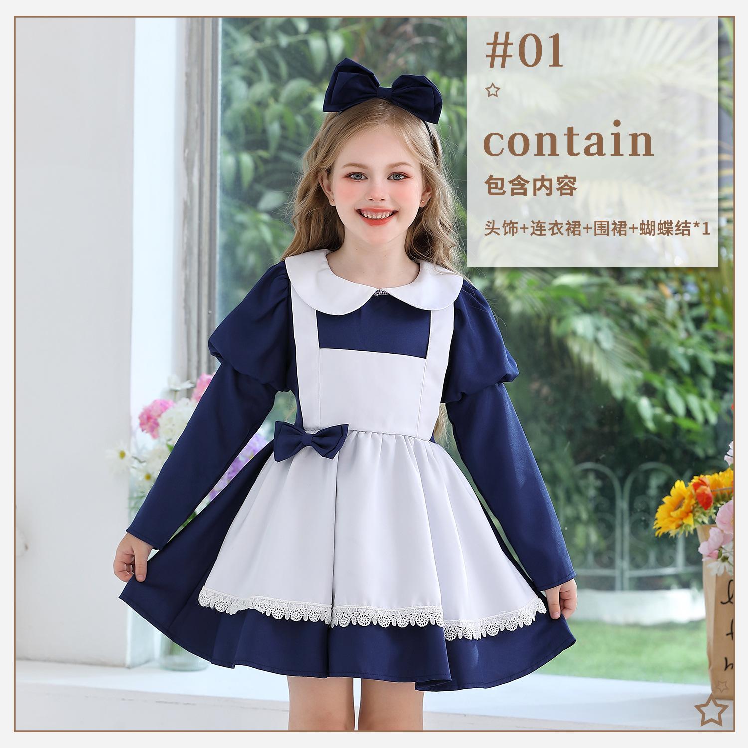 

Детская одежда Синее платье горничной Алисы Платье принцессы Платье девочки в пасторальном стиле для фермы Платье для выступления 150cm