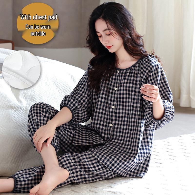Women's Pajama Set with Chest Pads: Seven-Sleeve Cardigan & Nine-Point Pants for Spring, Autumn & Summer