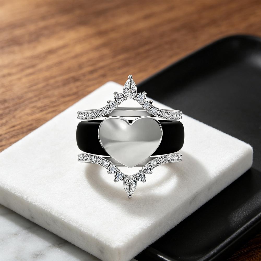 s/Set Stackable Heart Crown Ring Set for Women Black Silicone Band with CopperPlated CZ Crystal Engagement Wedding Jewelry V