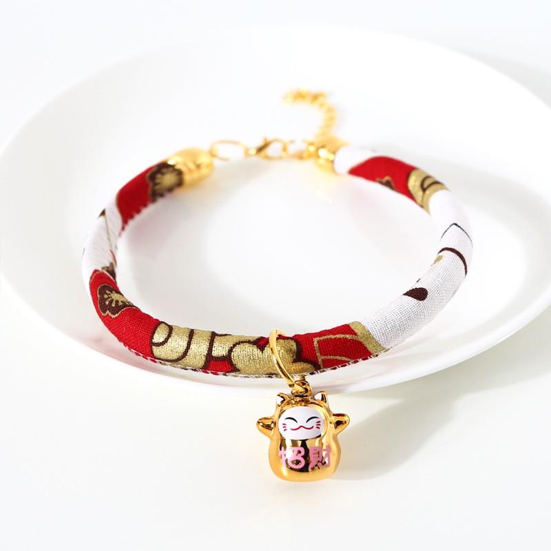 Adjustable Pet Collar With Japanese Floral Shiba Inu Maneki-neko Charm Copper Bell Cats Dogs