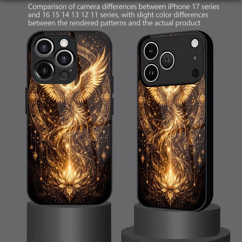 Gold Phoenix Pattern 2D Phone Case for iPhone 17 16 15 14 13 12 11 X XR XS Max Pro 8 plus - Glass Protective Cover