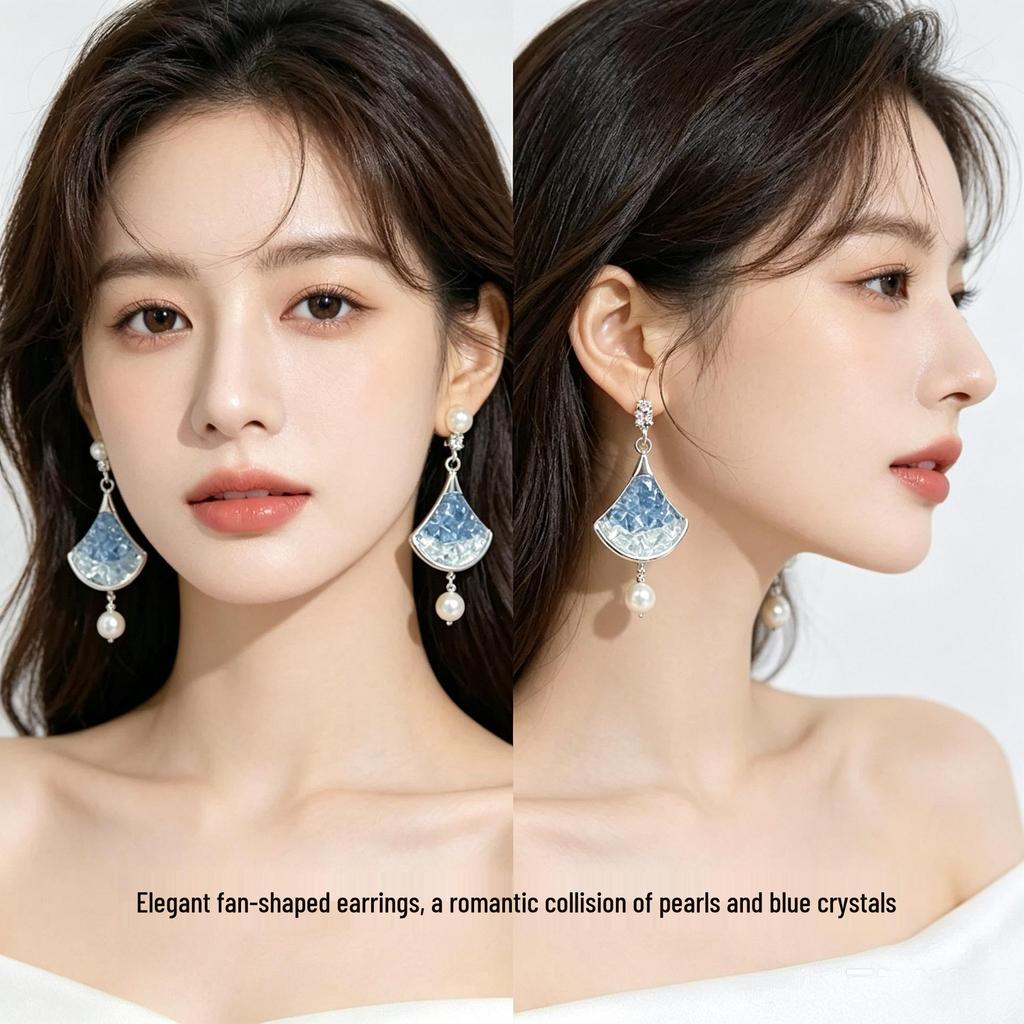 Sterling Silver Fan-shaped Crystal Pearl Earrings - Multi-color, Elegant Design, Versatile Women's Accessory