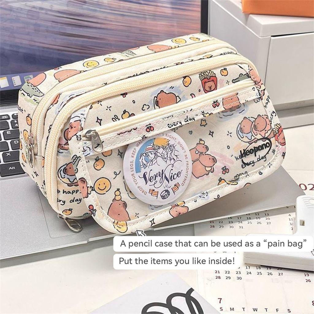Capybara Cartoon Print Pencil Case Multi-functional INS Flip Over Pen Bag for Student Large Capacity Stationery Storage Pouch