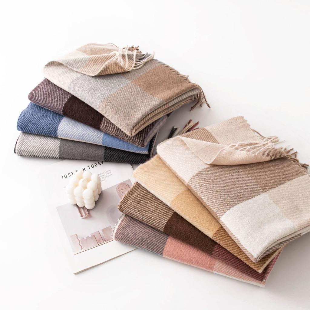 Winter New Plaid Scarf Printed Tassel Imitation Cashmere Scarf Fashionable Sweet Shawl Mid Length Thick Warm Scarf