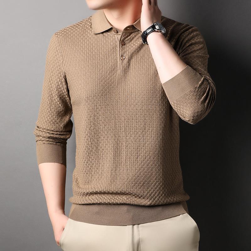 New Spring and Autumn Men's Long-sleeved T-shirt Knitted Bottoming Shirt Middle-aged Men's Wool Checkerboard Lapel Sweater